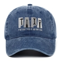 Detailed grey embroidery of tool patterns and PAPA text on washed blue cotton baseball cap - Navy Blue