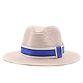 Chapeau de paille Fedora classique pour femme avec ruban rayé pour la plage et le soleil - M (56-58cm) / Rose chair