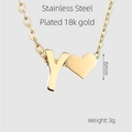 18K gold plated stainless steel necklace featuring a letter Y and heart pendant charm - Letter Y