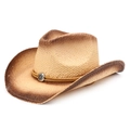 Cappello da cowboy in paglia sfumata marrone con corda intrecciata e fibbia sole in metallo - M / Fibbia in metallo a raggiera / Naturale+Caffè