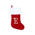 Red Christmas stocking with white faux fur trim featuring a glittery golden letter E decoration - Letter E