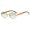 Vintage gold oval sunglasses with brown wood grain temples and gradient green lenses - Regular / Gold Frame Gradient Green