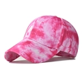 Close-up of pink and white tie-dye cotton baseball cap with a classic curved brim design - Adjustable / Rose Red