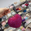 Luxurious rose red heart shaped evening bag with sparkling rhinestones and gold ring handle - 14cmx6cmx13cm / Glitter Red