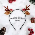 Brown plush Christmas reindeer antler headband with mushroom and gold bell charms - Style 31 Brown Bell Mushroom