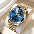 Herren Business-Quarzuhr mit blauem Zifferblatt und zweifarbigem Edelstahl-Armband - Silber Gold Armband Blaues Zifferblatt
