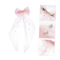 Pink bow hairclip with long mesh veil streamers and faux pearl accents for weddings - 45cm / Champagne