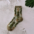 Olive green crew socks featuring vintage floral 3D embroidery with leaf patterns - One Size / Light Green Flower