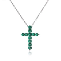 Detail of cross pendant necklace featuring eleven round green cubic zirconia in silver - Platinum Green Zircon VD836