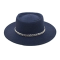 Close-up of deep blue straw boater hat featuring fine weave and silver metal chain trim - M(56-58cm) / Navy Blue