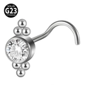 G23 titanium nose stud featuring a clear zircon stone and decorative metal beads - Vertical Line With Three-Bead Ends (Style 11 5-Shaped) / 0.8x7mm