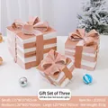 Pink velvet Christmas gift box set of 3 with white stripes and elegant bows - Striped Gift Box Set Without Lights (J220202)