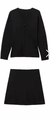 Women's two-piece black knitted set featuring V-neck long sleeve top and mini skirt - S / Black