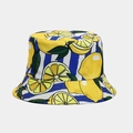 Detail of summer bucket hat with yellow lemon print on blue and white vertical stripes - M / Lemon Blue Stripe