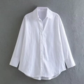 Classic white long-sleeved poplin shirt with a turn-down collar for women in a flat lay view - White