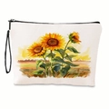 Wasserdichte Leinen-Kosmetiktasche mit Sonnenblumenmuster und schwarzer Handschlaufe - Sonnenblumenfeld-Stil (xy-007-02) / Mit Handschlaufe