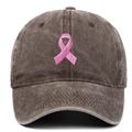 Detail of pink ribbon embroidery on washed cotton canvas baseball cap in charcoal gray - Adjustable / Coffee