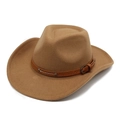 Close-up of tan felt cowboy hat featuring brown leather band and silver buckle detail - M (56-58cm) / Khaki