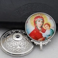 Close-up of silver metal Orthodox religious icon showing Virgin Mary and Child on pedestal - Silver-18 (Greek Virgin Mary & Child)