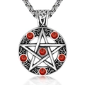 Retro stainless steel pentagram pendant necklace with red gemstones and Celtic knots - Star Celtic Knot / Silver with Red Stone