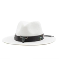 White straw panama hat with black studded leather band, bullhead charm, and floral embroidery - M (56-58cm) / White