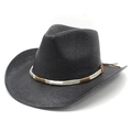 Classic black straw cowboy hat with wide brim and decorative multicolored woven cord - M (56-58cm) / Black