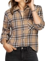 Classic plaid long sleeve button-down shirt for women in brown and white checkered pattern - S / Khaki