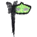 Green sequined masquerade mask with black lace butterfly and handheld stick - Side Butterfly Tassel Handheld Style / Green