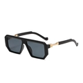 Retro oversized square sunglasses with black frame and gold metal temple accents - Black Frame Grey Lens C1