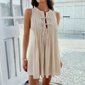 Beige sleeveless pleated mini dress with tie-front detail for summer beach vacation - S / Apricot