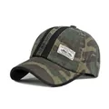 Green camouflage baseball cap with vintage salvage patch and black stripes on crown - Camo Army Green