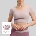 Kortmouwige fitness set in crème paars met high-waist liftende legging voor sporten - S / Tops / Romig paars