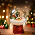 Christmas snow globe with tree and red house on a red knit base festive decoration - Acrylic 16CM Snow Globe Auto Snowfall (Non-Glass)