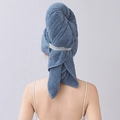 Morandi blue coral fleece hair towel wrap with elastic strap shown on a model - 60*100cm / Dark Blue