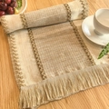 Beige and light brown cotton linen table runner with knotted fringe on a wooden table - Wide Stripe Coffee - Two-Tone Tassels / 30*50cm