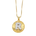 Gold plated copper necklace with sparkling zircon letter R pendant on sunburst disc - Letter R