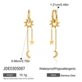 Golden stainless steel hoop earrings featuring sun, moon, and star charms with zircons - Golden Star Moon Sun Tassel Style (JDE0305087)