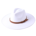 Classic white wide brim felt fedora hat featuring a brown faux leather belt and metal buckle - White