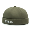 Army green vintage brimless cap with white NY&JA letter embroidery on cotton canvas - Adjustable / Army Green