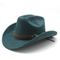 Deep blue western cowboy hat with brown leather band and golden metal buckle details - M(56-59CM) / Peacock Green (Suede)