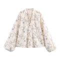 Women's V-neck floral embroidered blouse with lantern sleeves and lace-up neck in beige - XS / Milky White