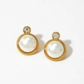 Gold-plated pearl stud earrings with sparkling rhinestone accent in circular setting - Gold Zirconia Pearl Earrings D2872