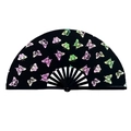 Black bamboo folding fan featuring vibrant rainbow reflective butterfly patterns - Reflective Black Fan - Butterfly