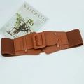 Detail of vintage brown elastic waist belt with leather panel and large metal buckle - Camel