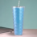Blue glitter mermaid scale tumbler with double-wall plastic design and straw - 24oz / Blue