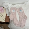 Pink knitted socks with dotted texture and cute embroidered snowman cartoon design - One Size / Pink Rabbit