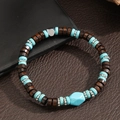 Handmade beaded bracelet featuring dark wooden beads and turquoise accents on leather - ZJ14946-Dark Brown Wood Blue Turquoise Silver Spacer Bracelet