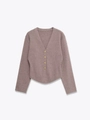 Détail de quatre boutons dorés sur un cardigan en maille douce couleur mauve clair - S / Kaki