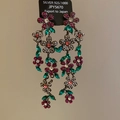 Detail of floral tassel earrings featuring colorful rhinestones and 925 silver needles - Silver Needle Pink Green Flower Tassel Style