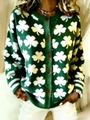 Green long-sleeve knit cardigan featuring white shamrock patterns and button closure - S / Tops / Green